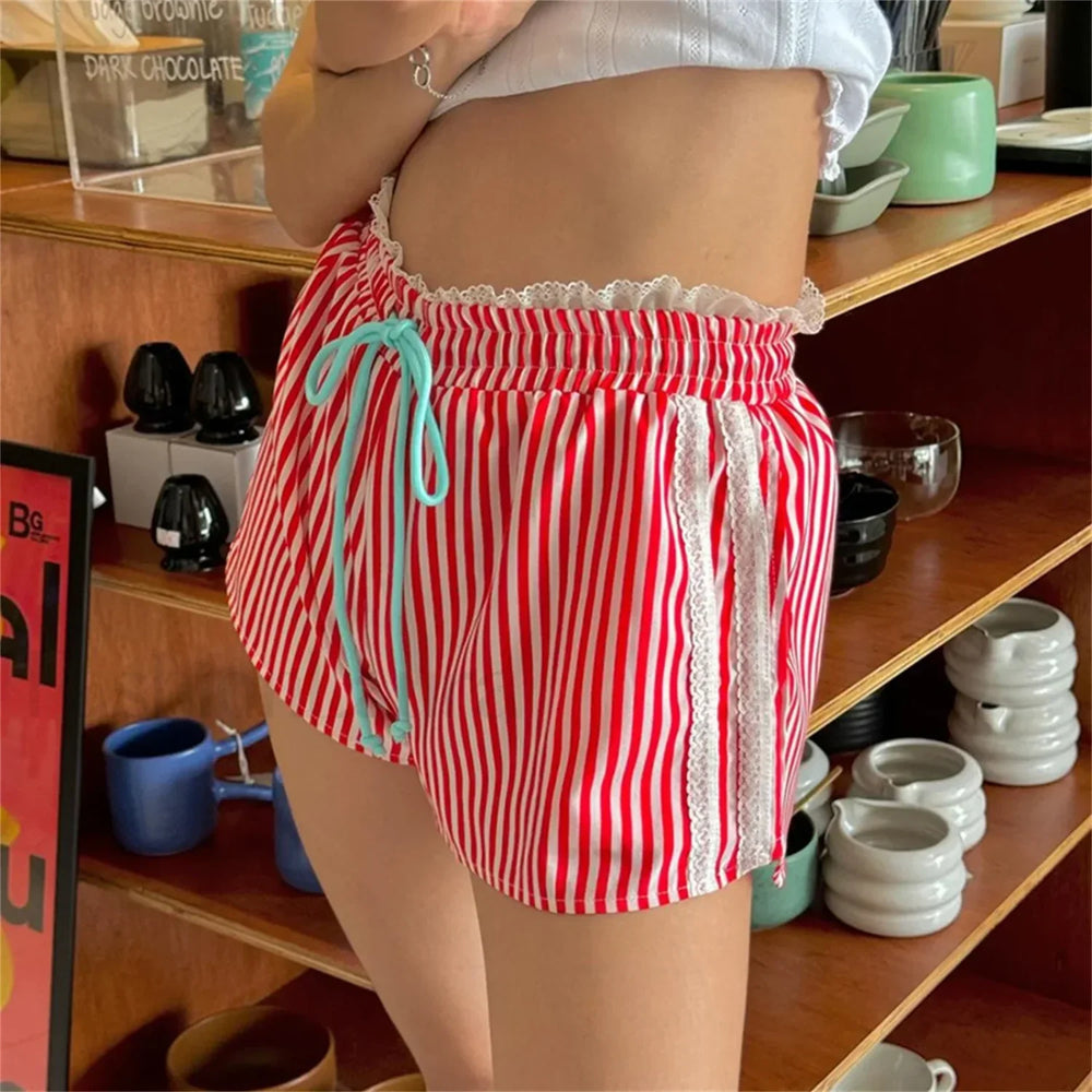 Striped Lace Trim Drawstring Elastic Waist Casual Summer Short Red / S