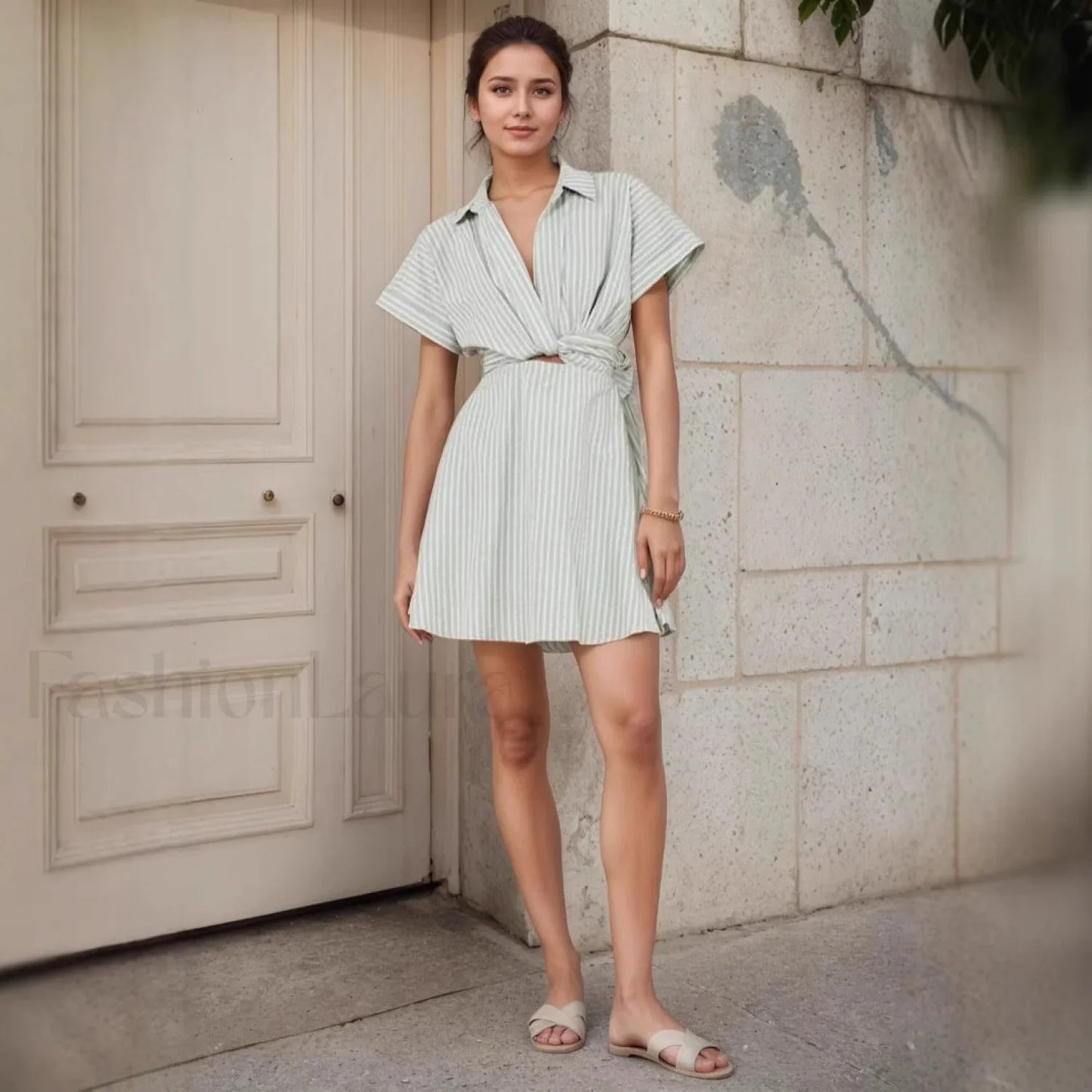 Striped Lace Up Hollow Lapel Casual Work Dress Light Green / S