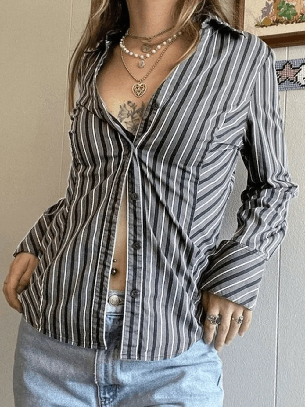Striped Long Sleeve Button Blouse Gray / S Tops&Tees