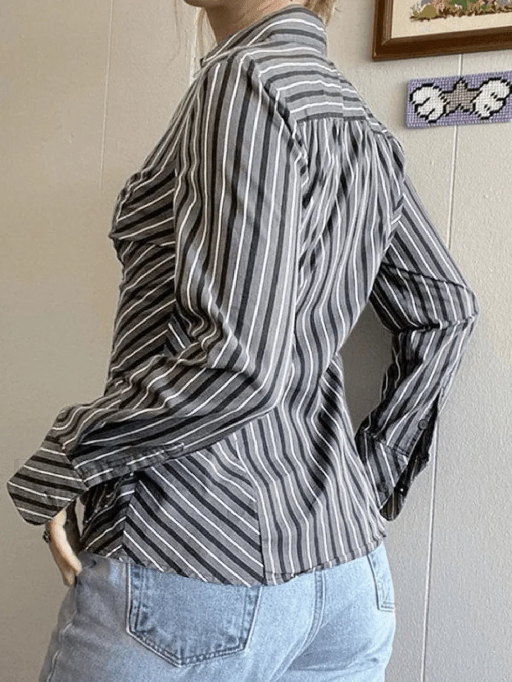 Striped Long Sleeve Button Blouse Tops&Tees