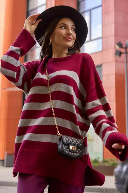 Striped Loose Knit Pullover Sweater Red / S
