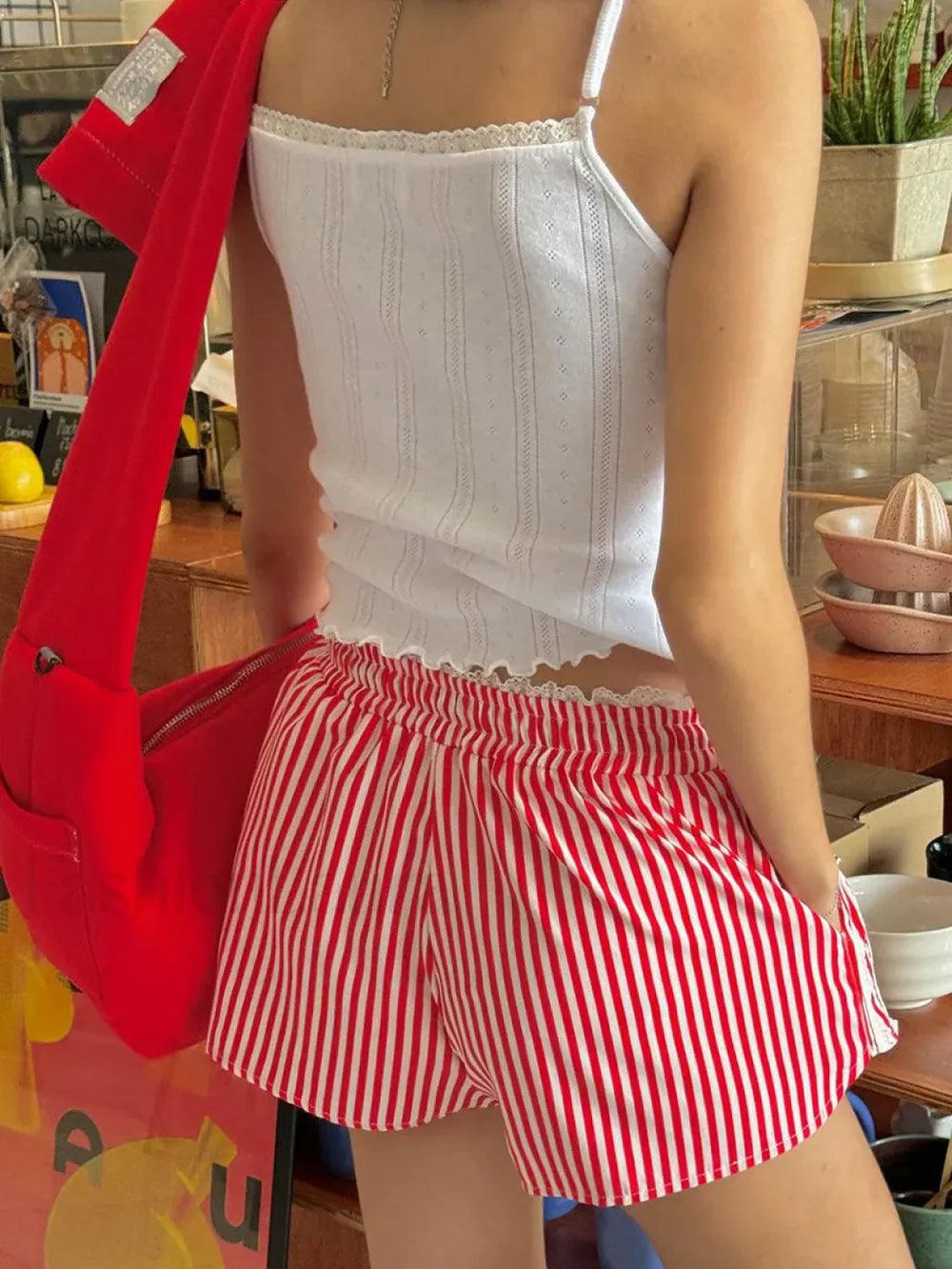 Striped Lounge Lace Trim Drawstring Casual Sleep Short Red / S