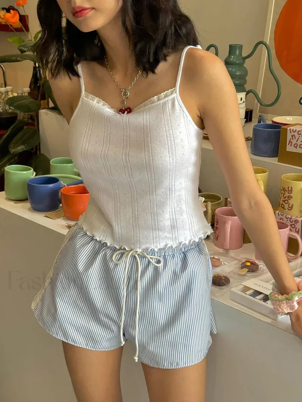 Striped Lounge Lace Trim Drawstring Casual Sleep Short SKY BLUE / S