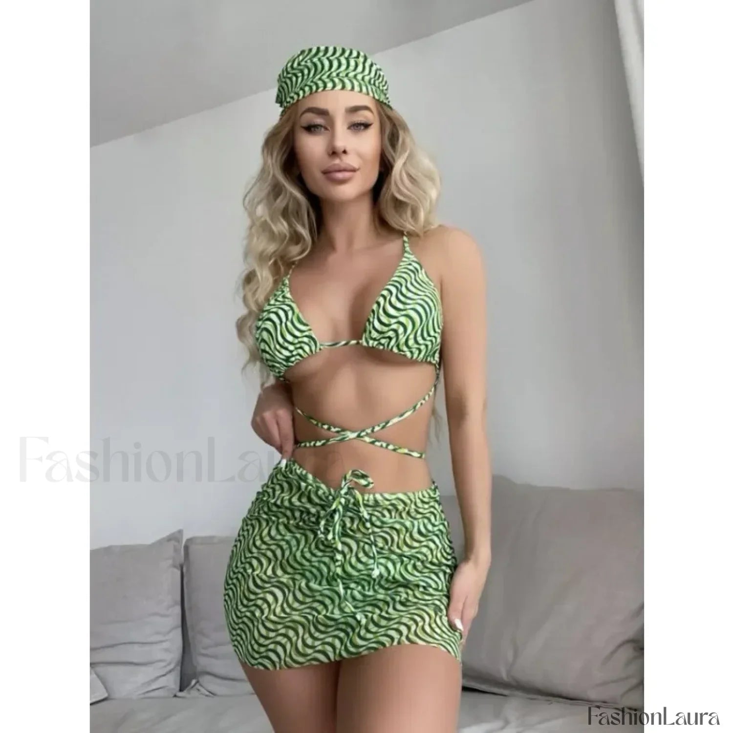 Striped Mesh Sarong Micro Three Piece Set