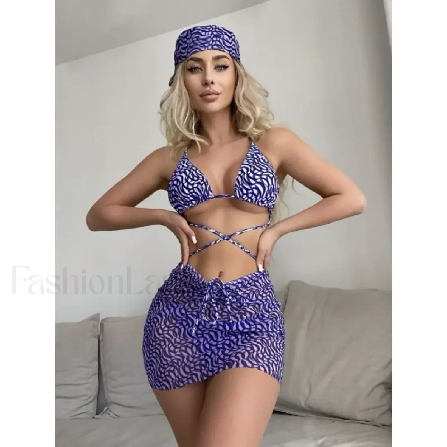 Striped Mesh Sarong Micro Three Piece Set