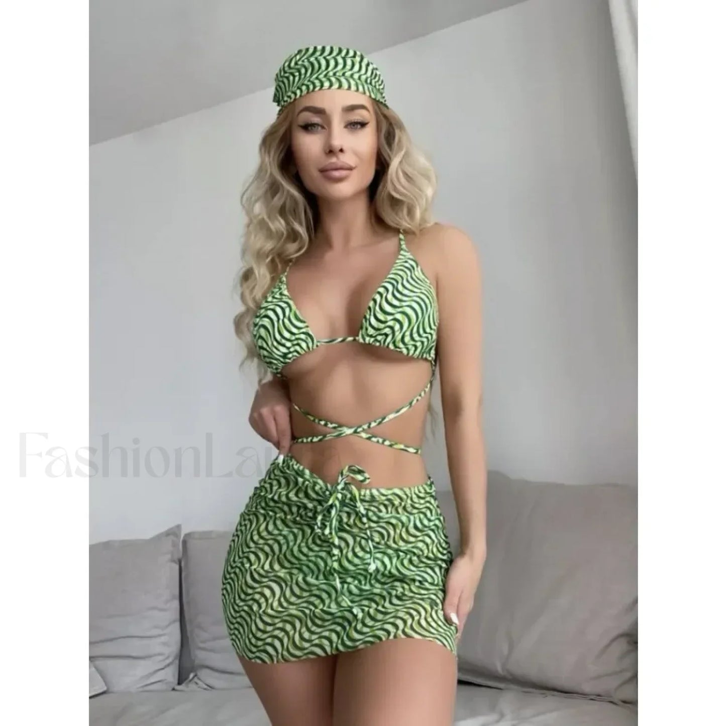 Striped Mesh Sarong Micro Three Piece Set