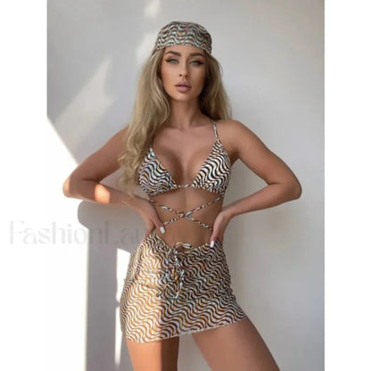 Striped Mesh Sarong Micro Three Piece Set