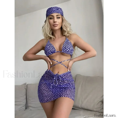 Striped Mesh Sarong Micro Three Piece Set