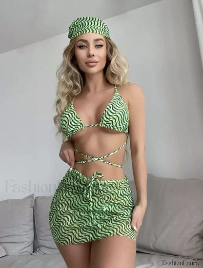 Striped Mesh Sarong Micro Three Piece Set Green / S