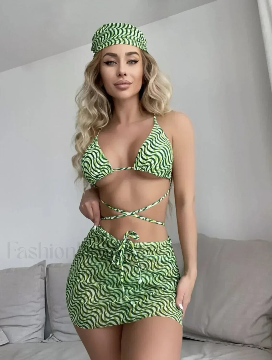 Striped Mesh Sarong Micro Three Piece Set Green / S