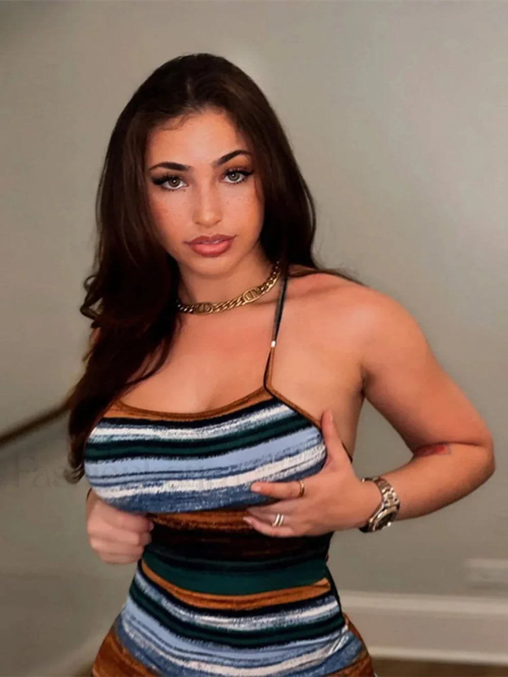 Striped Panel Slash Neck Mini Dress