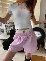 Striped Patchwork Baggy Elastic Waist Retro Casual Short