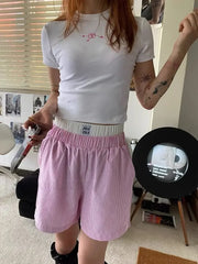 Striped Patchwork Baggy Elastic Waist Retro Casual Short