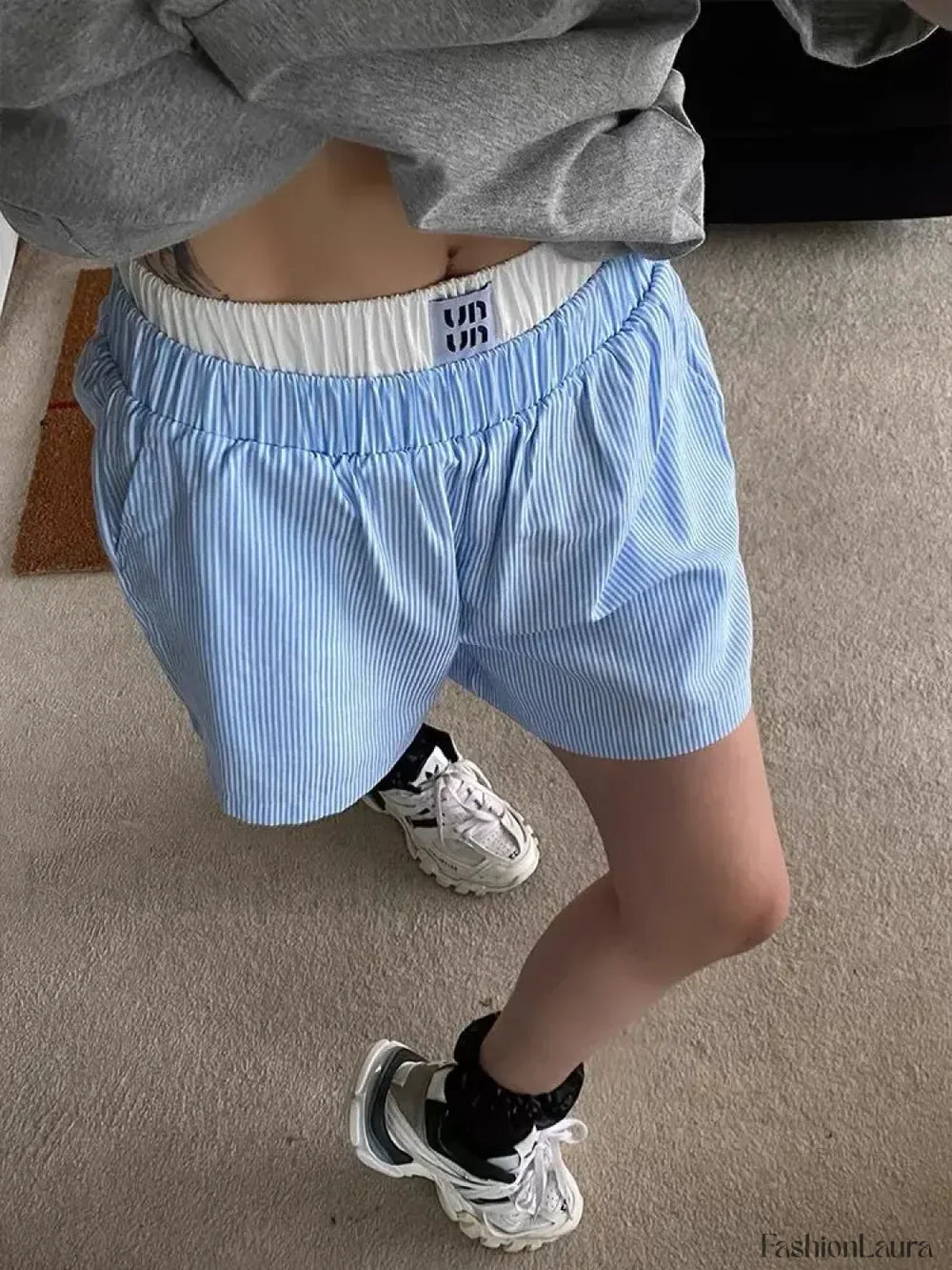 Striped Patchwork Baggy Elastic Waist Retro Casual Short