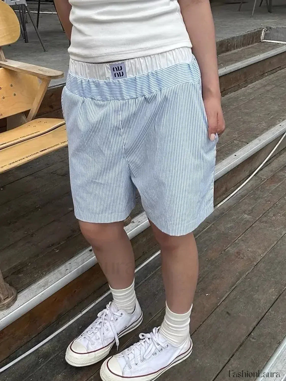 Striped Patchwork Baggy Elastic Waist Retro Casual Short