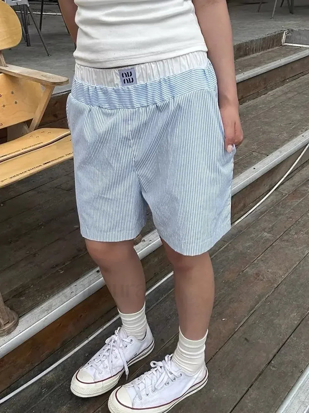 Striped Patchwork Baggy Elastic Waist Retro Casual Short