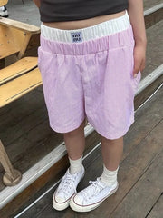 Striped Patchwork Baggy Elastic Waist Retro Casual Short Red / M