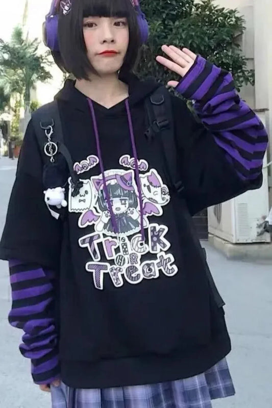 Striped Patchwork Y2K Hoodie Black / S