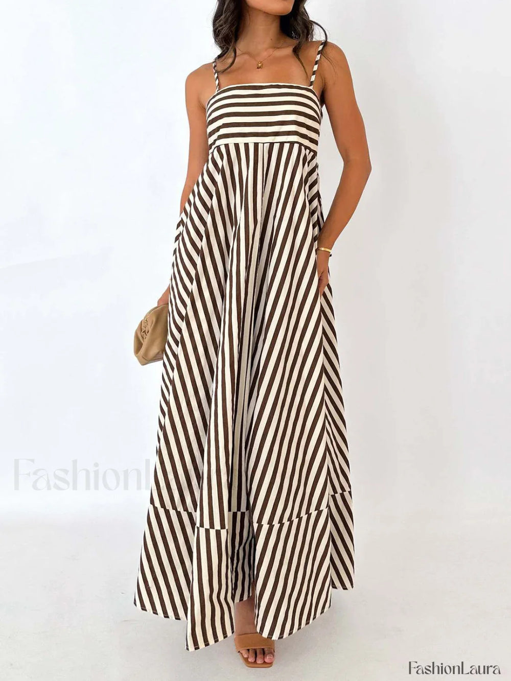 Striped Pleated Cami Long Dress Dresses