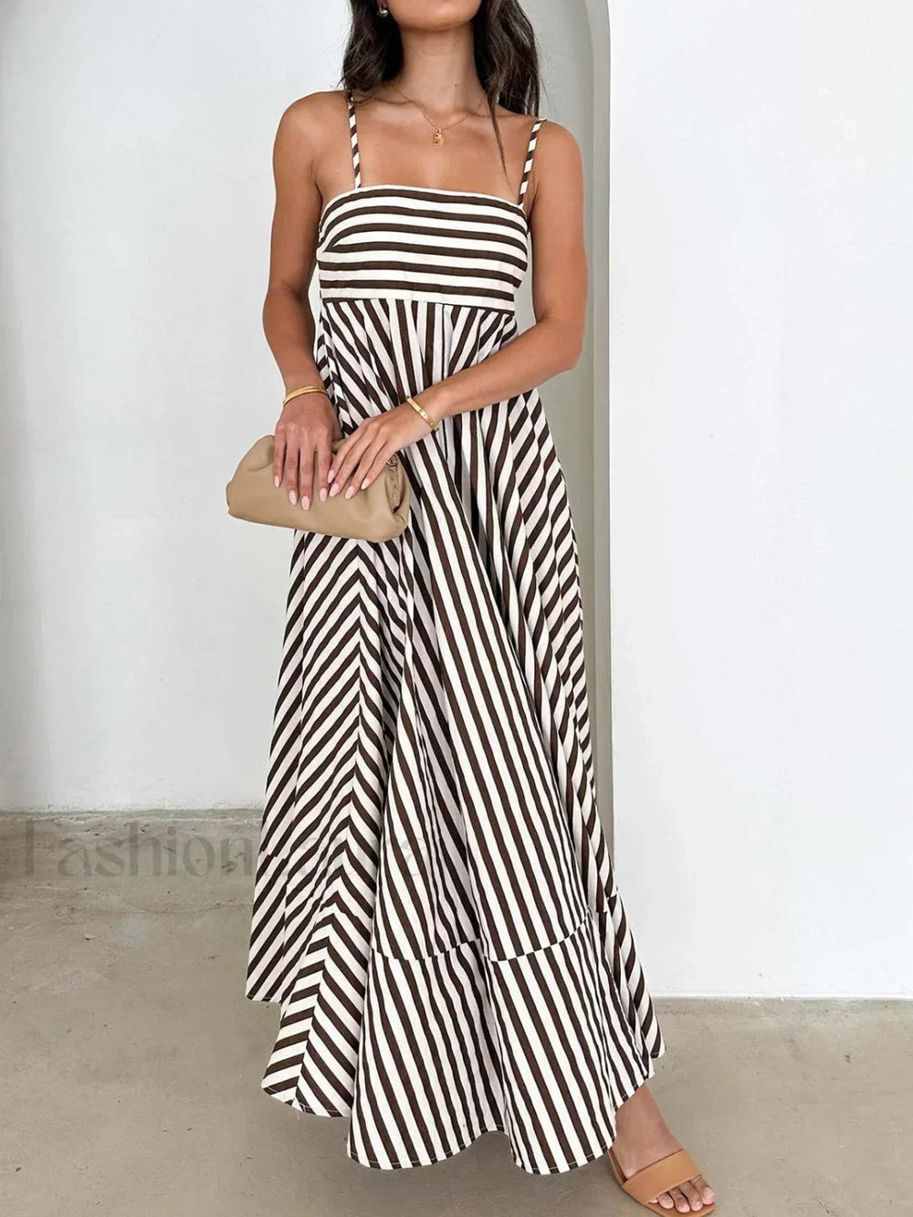 Striped Pleated Cami Long Dress Light Brown / XS Dresses