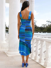 Striped Ruched Mesh Midi Dress