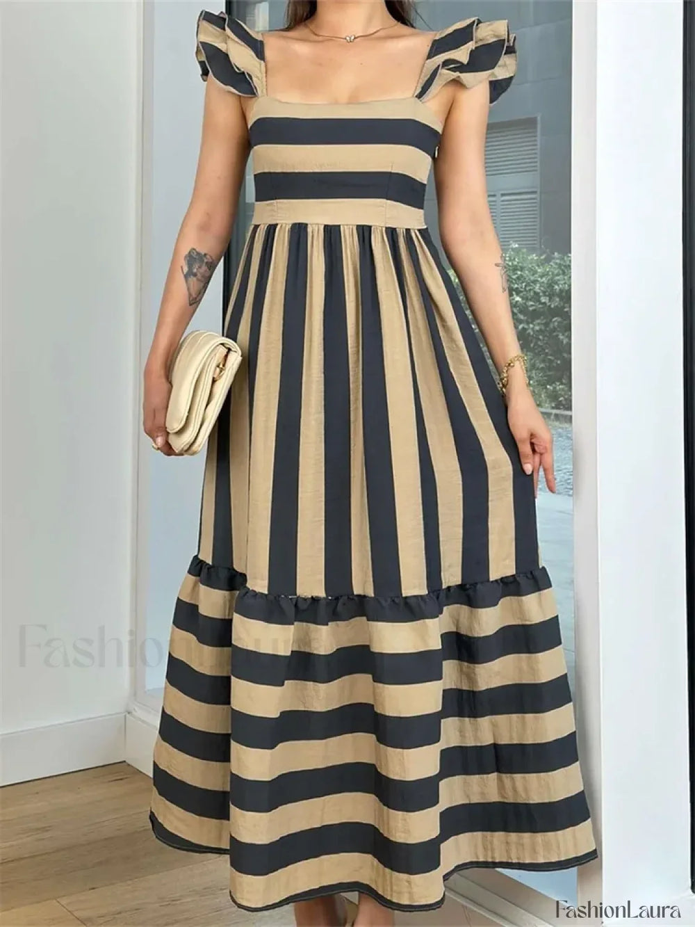 Striped Ruffle A Line Party Maxi Dress