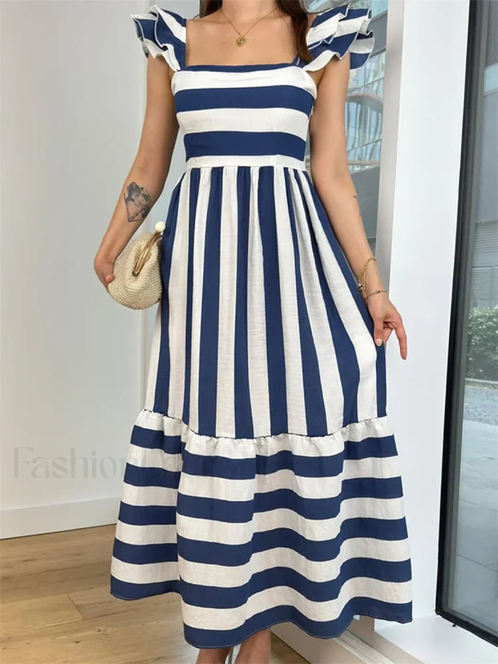 Striped Ruffle A Line Party Maxi Dress black / S