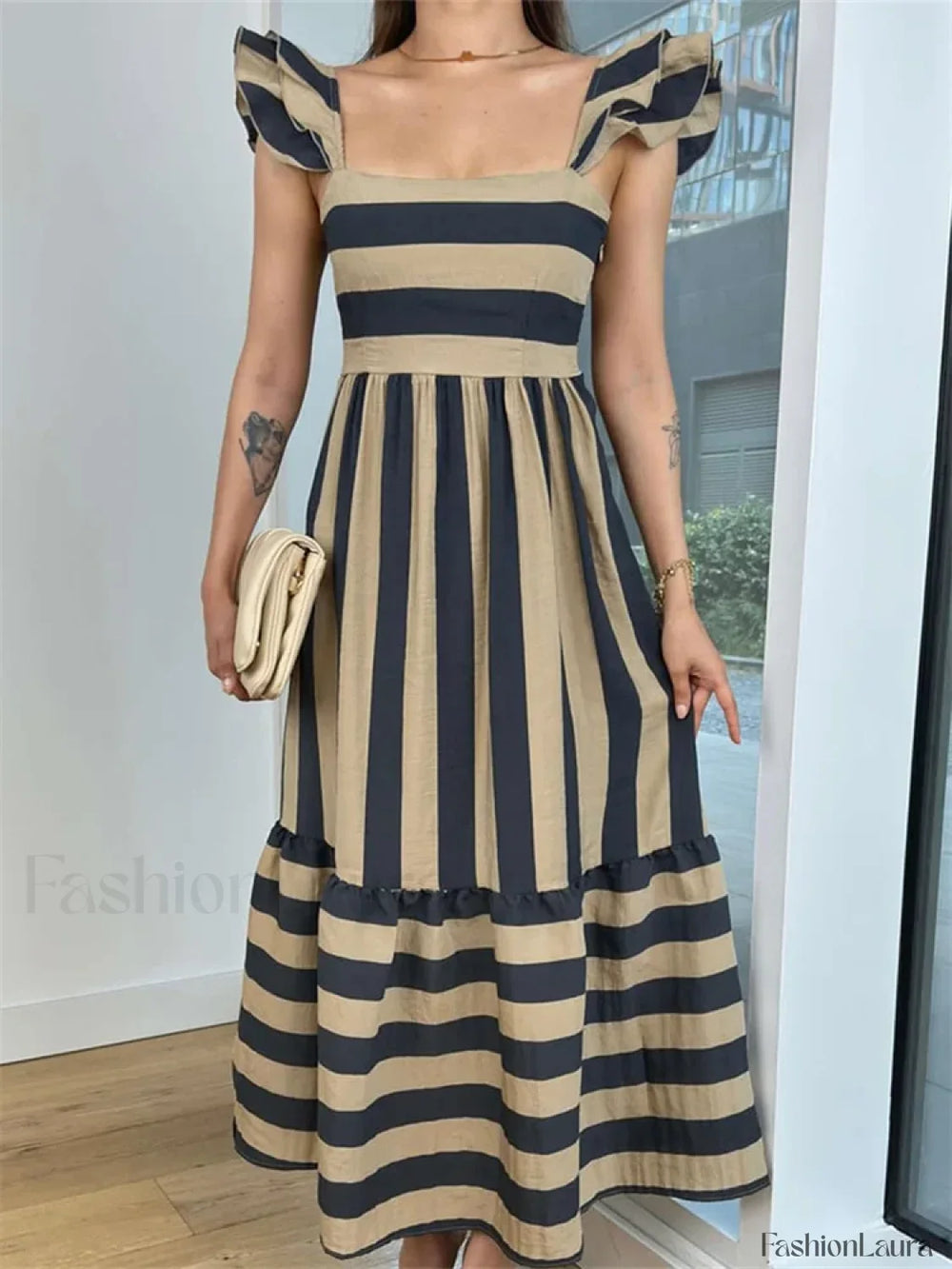 Striped Ruffle A Line Party Maxi Dress brown / S