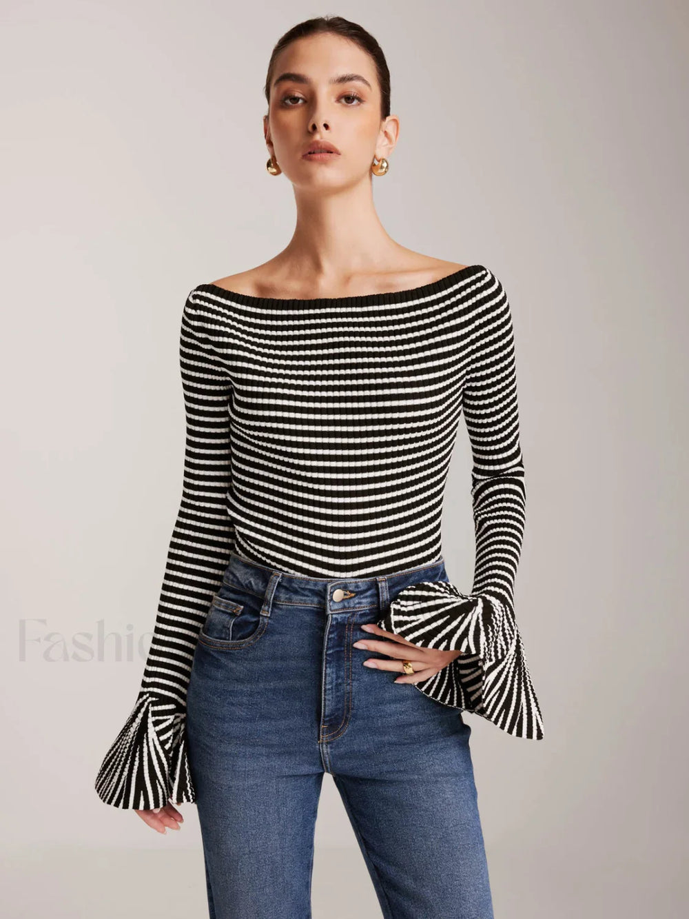 Striped Ruffle Sleeve Knit Top Knit Tops
