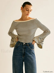 Striped Ruffle Sleeve Knit Top White / XS Knit Tops