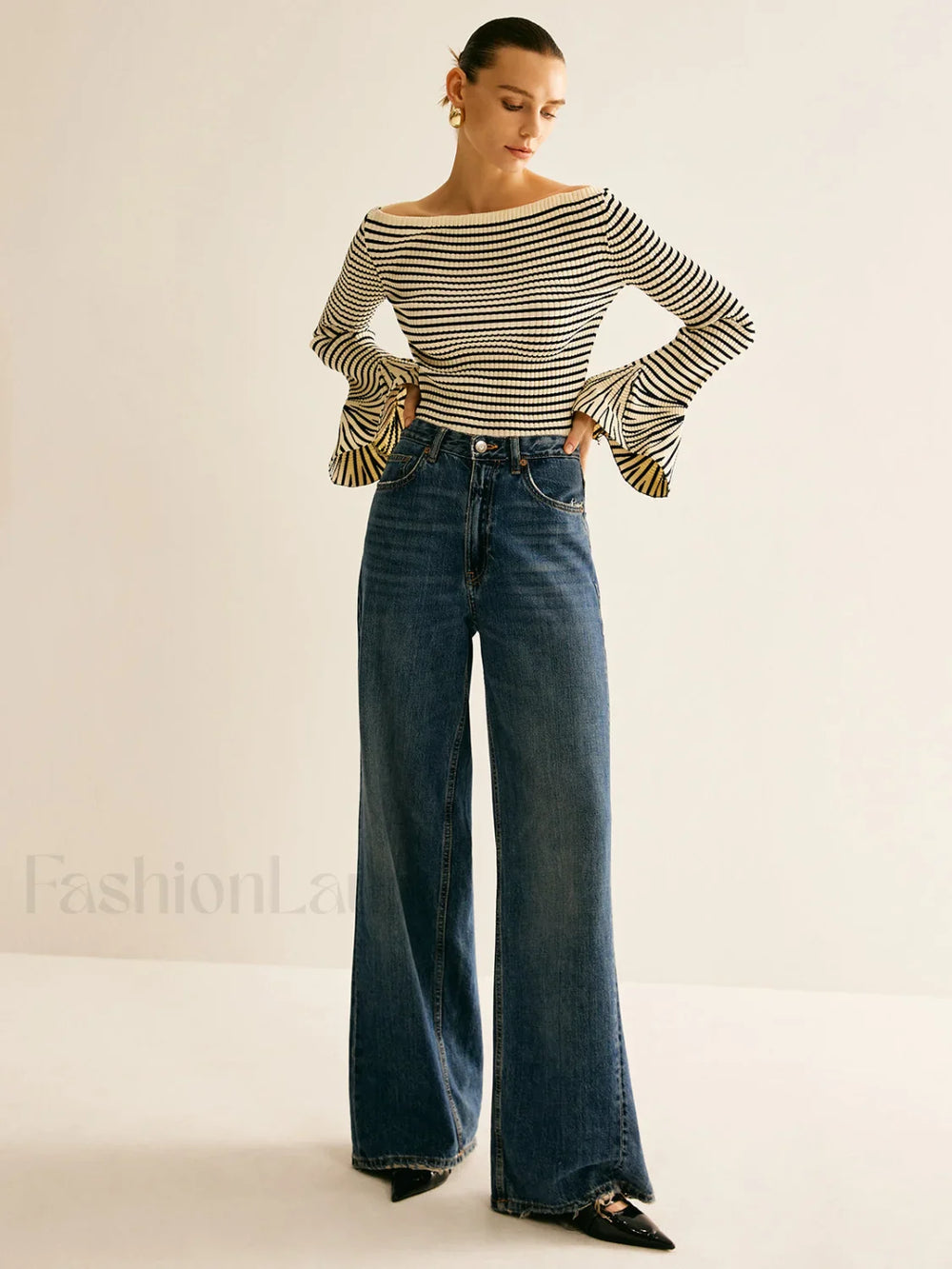 Striped Ruffle Sleeve Knit Top Knit Tops