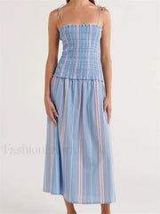 Striped Spaghetti Patchwork Maxi Dress blue / S