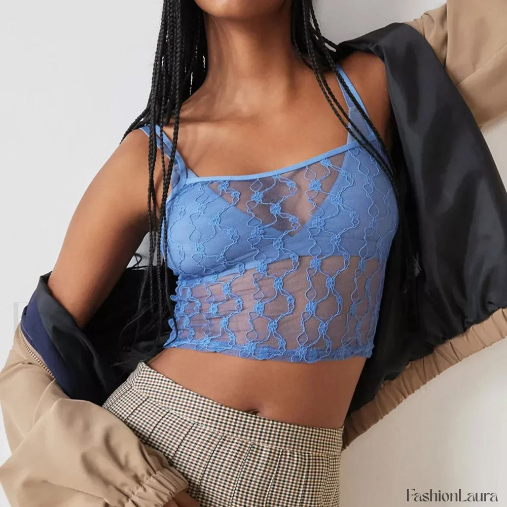 Striped Square Neck Mesh Crop Top Blue / S