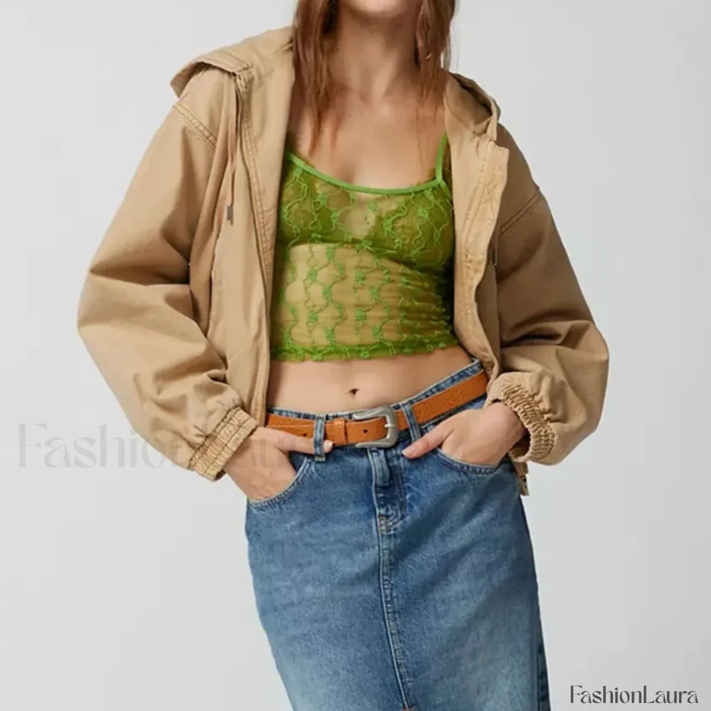 Striped Square Neck Mesh Crop Top Green / S
