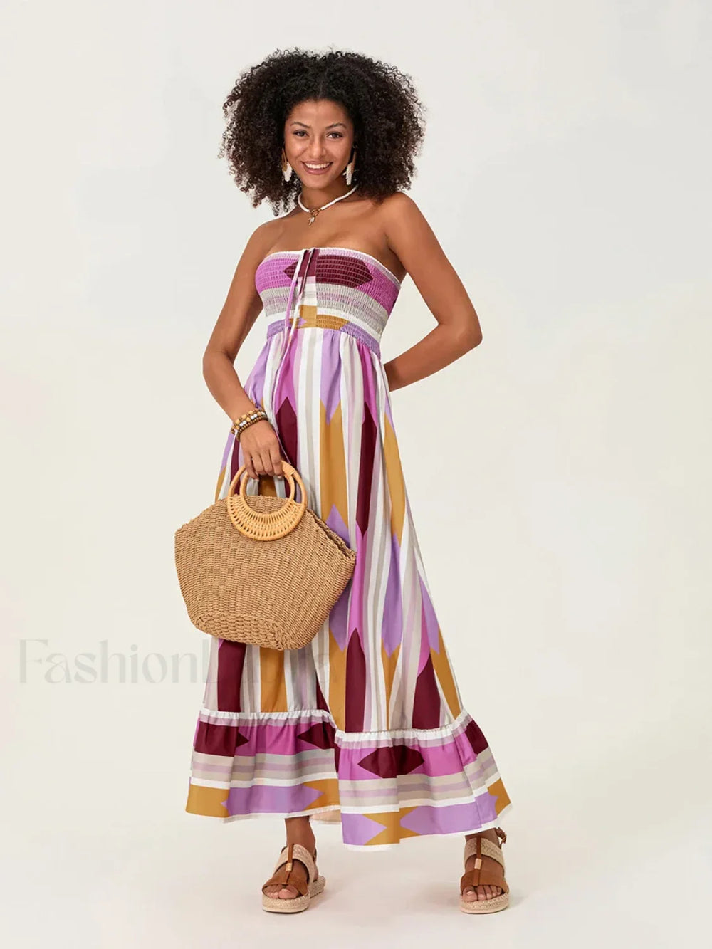 Striped Tube Top Boho Dress red / S