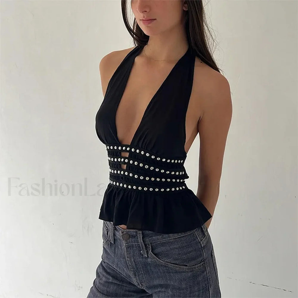 Studded Grunge Halter Crop Top