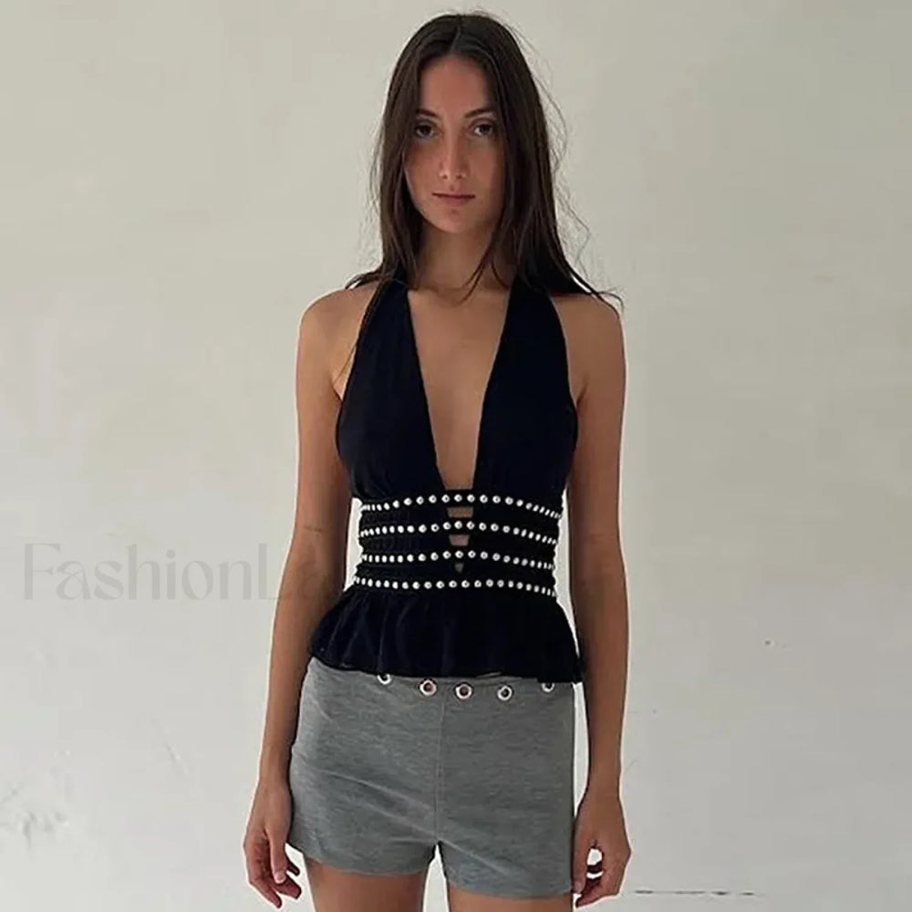 Studded Grunge Halter Crop Top