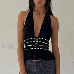 Studded Grunge Halter Crop Top Black / S