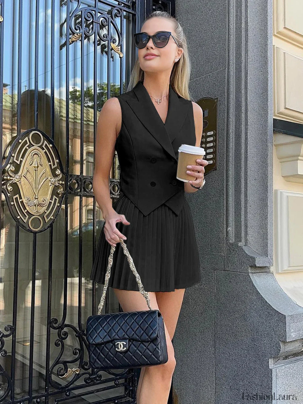 Suit Waistcoat With Pleated Mini Skirt Set Black / XS Skirt Sets