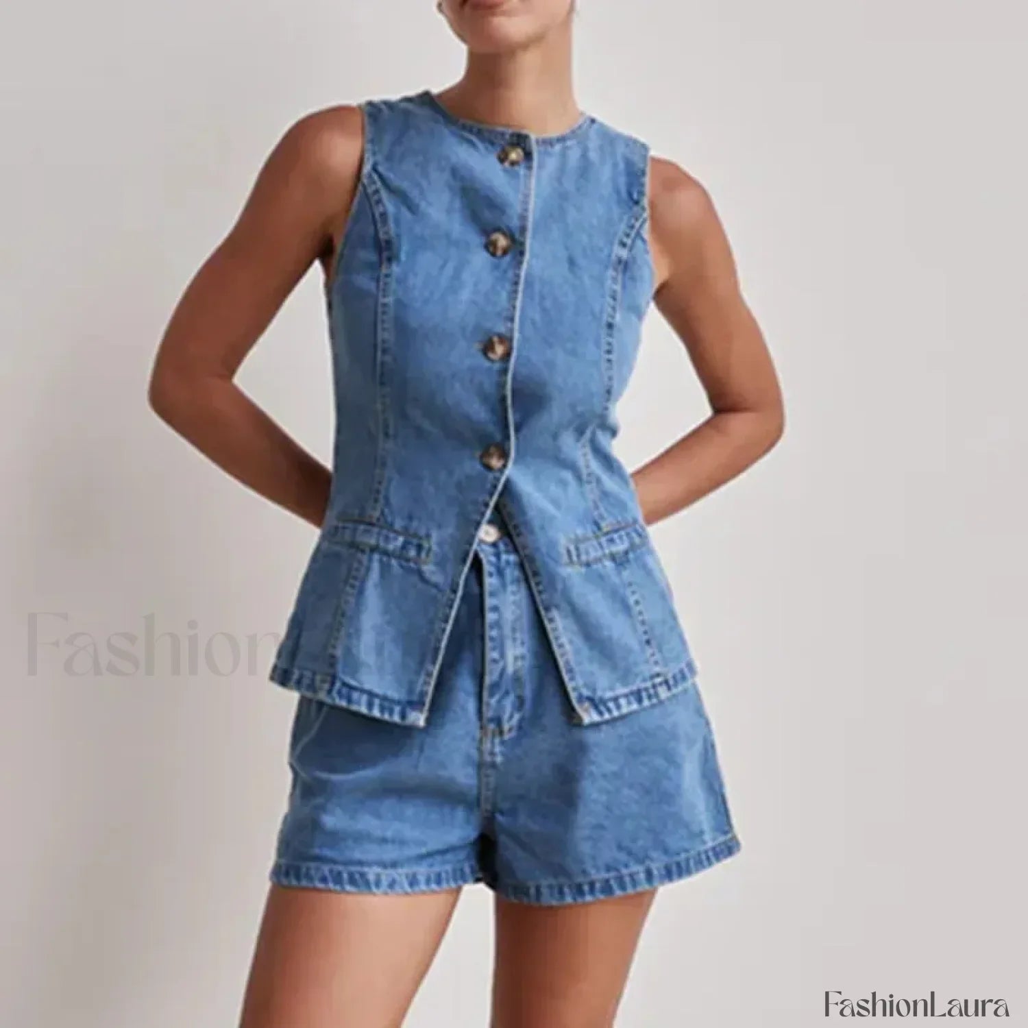 Summer Button Denim Tank Top Elastic Shorts Two Piece Set