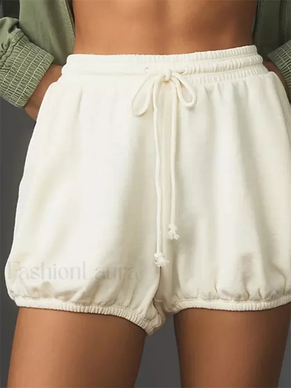 Summer Drawstring Elastic Mid Waist Solid Loose Casual Short white / S