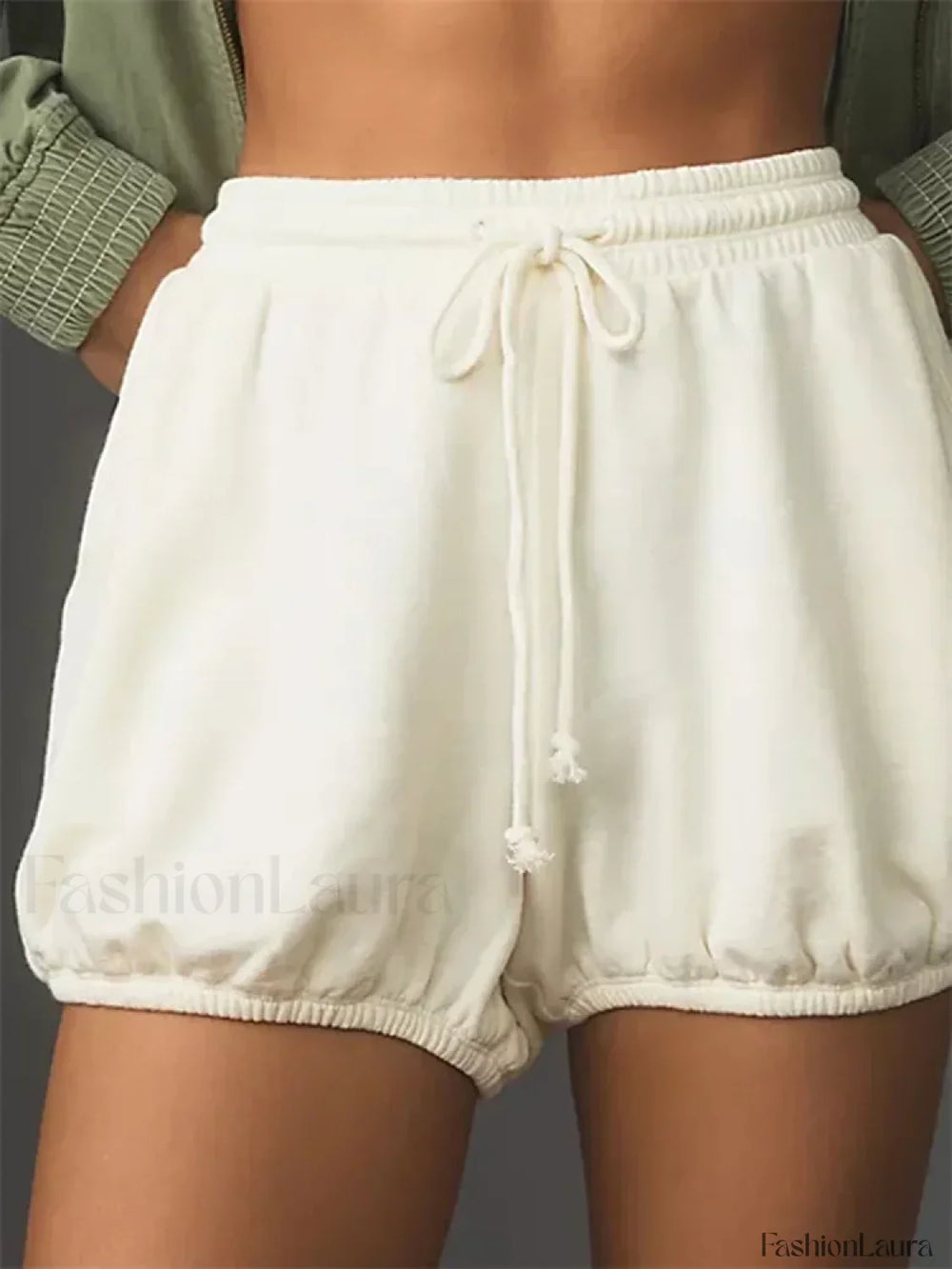 Summer Drawstring Elastic Mid Waist Solid Loose Casual Short white / S