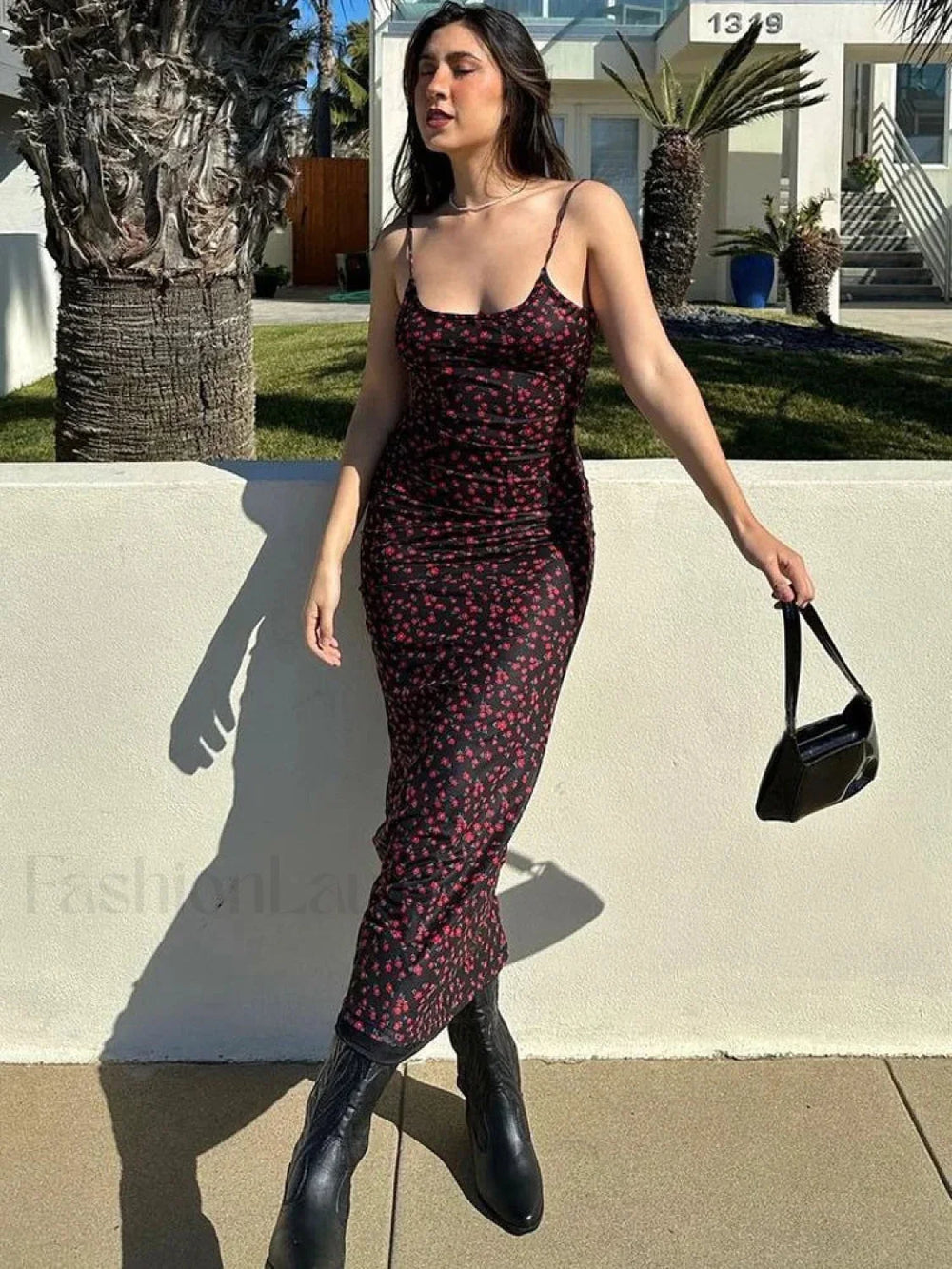 Summer Floral Print Backless Floral Dress Black / S