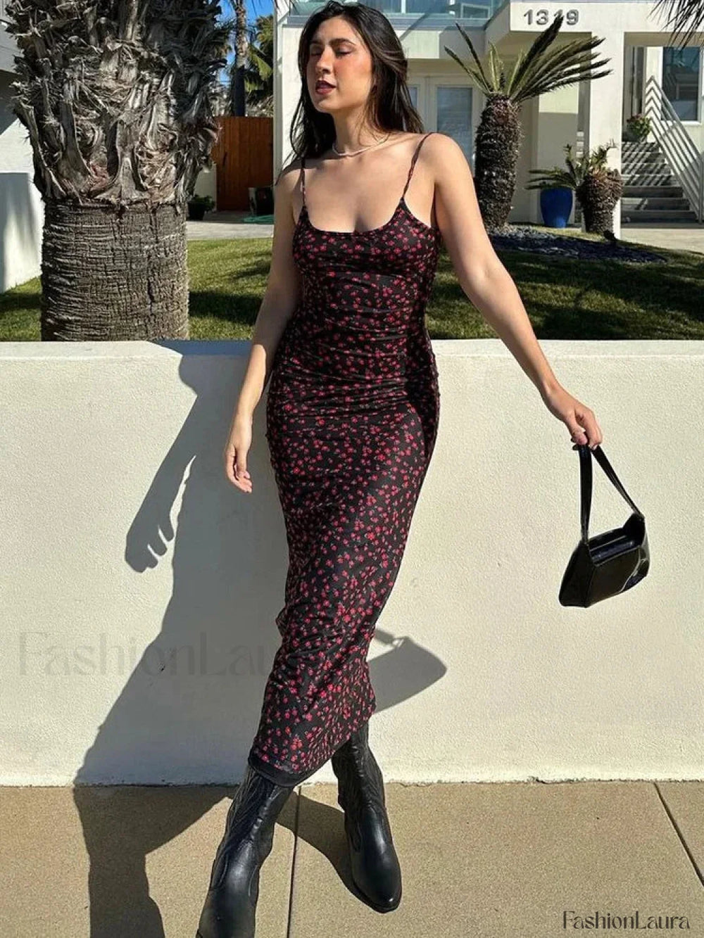 Summer Floral Print Backless Floral Dress Black / S