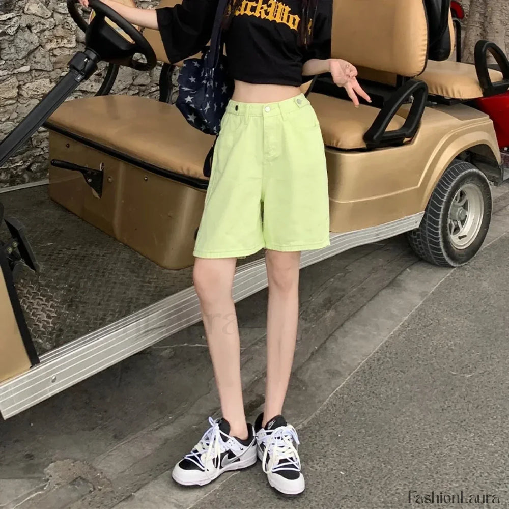 Summer High Waist Five Point Denim Short Fluorescent Yellow / S