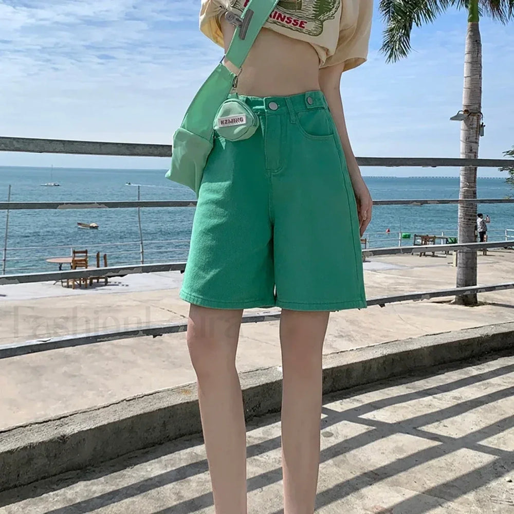 Summer High Waist Five Point Denim Short Green / S