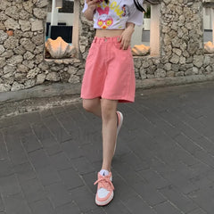Summer High Waist Five Point Denim Short Pink / S