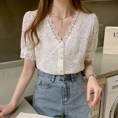 Summer Korean Lace Short sleeved Top Blouse
