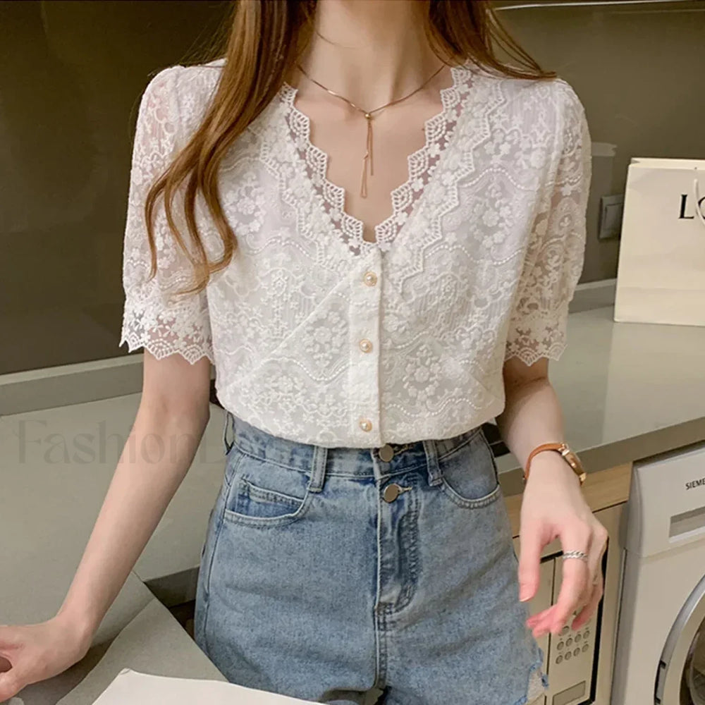 Summer Korean Lace Short sleeved Top Blouse