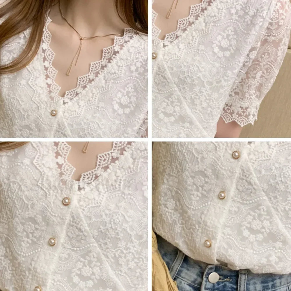 Summer Korean Lace Short sleeved Top Blouse